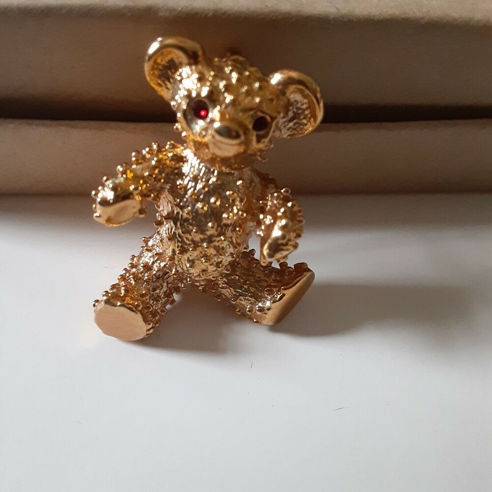 VINTAGE SIGNED Teddy Bear Brooch Heavy Red Rhinestone eyes